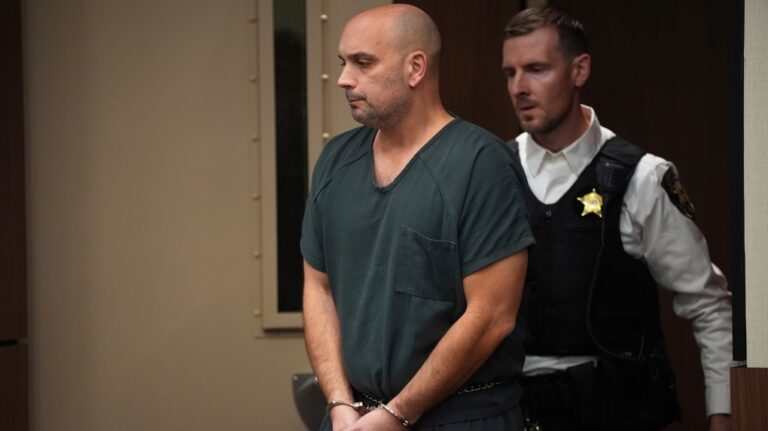 Sean M. Higgins, the driver charged with killing NHL hockey player Johnny Gaudreau and his brother Matthew as they bicycled on a rural road, appears at the county courthouse in Salem, N.J., Nov. 12, 2024. (AP Photo/Matt Slocum, File)