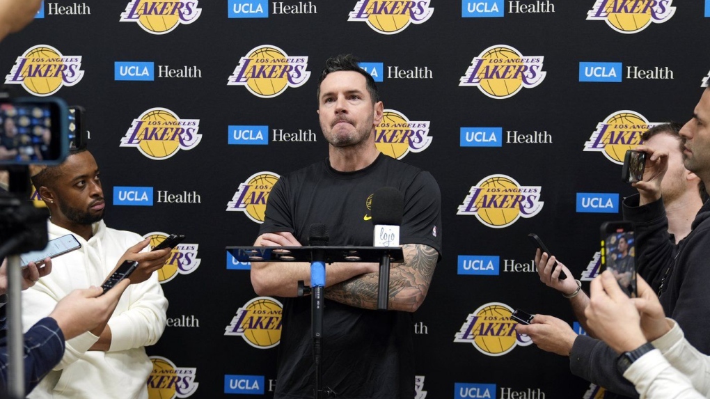 Los Angeles Lakers coach JJ Redick recounts that he and his family lost their house in the deadly Pacific Palisades wildfire during an NBA basketball news conference at the UCLA Health Training Center in El Segundo, Calif., Friday, Jan. 10, 2025. (AP Photo/Damian Dovarganes)