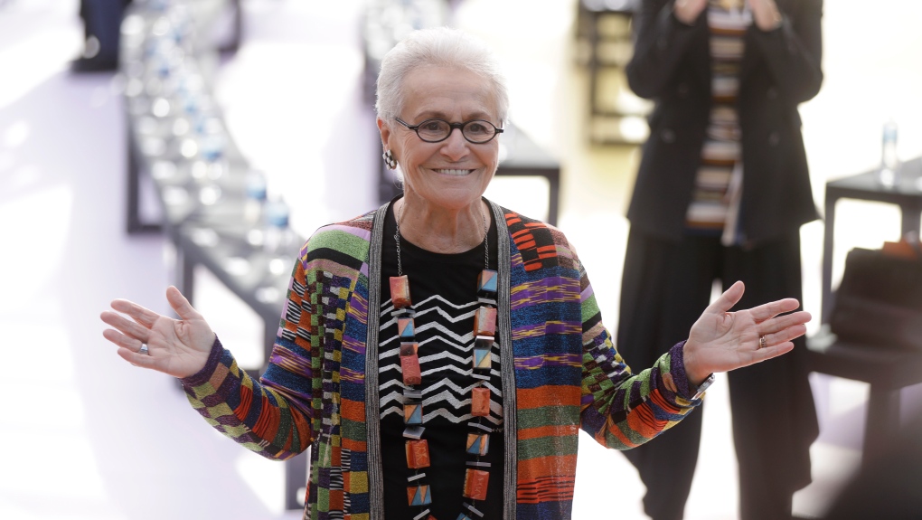 Rosita Missoni poses for photographers before the Missoni women's Spring/Summer 2018/19 fashion collection, presented in Milan, Italy, Sept. 23, 2017. (AP Photo/Luca Bruno)
