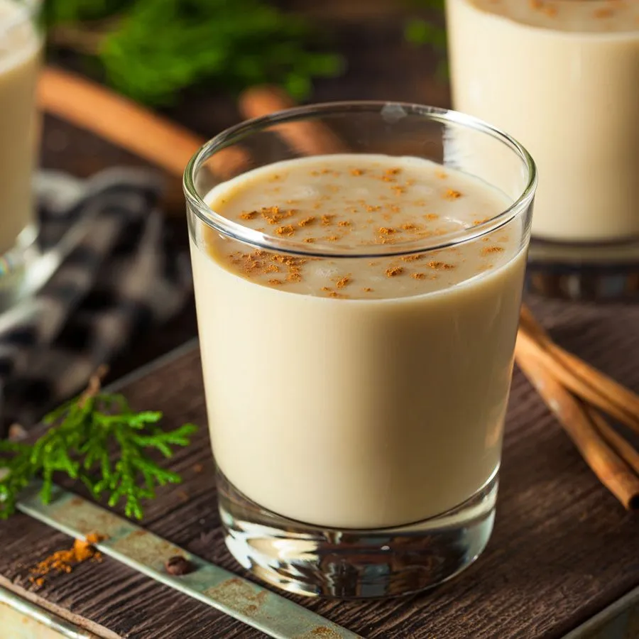 Gros plan d'un verre rempli d'une boisson crémeuse et froide au lait de poule, surmonté d'une pincée de muscade, placé sur une surface en bois avec un peu de verdure décorative en arrière-plan.