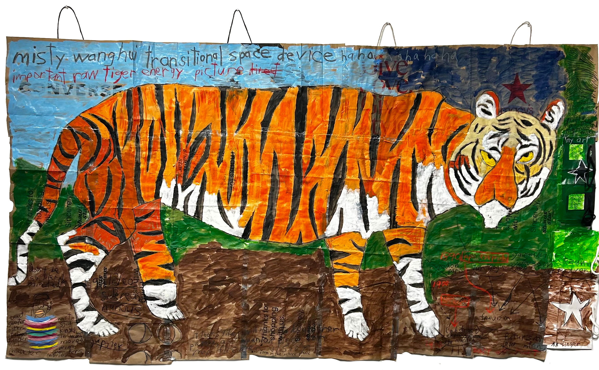 Expérience de pensée : peintures sur sacs en papier sur le devant